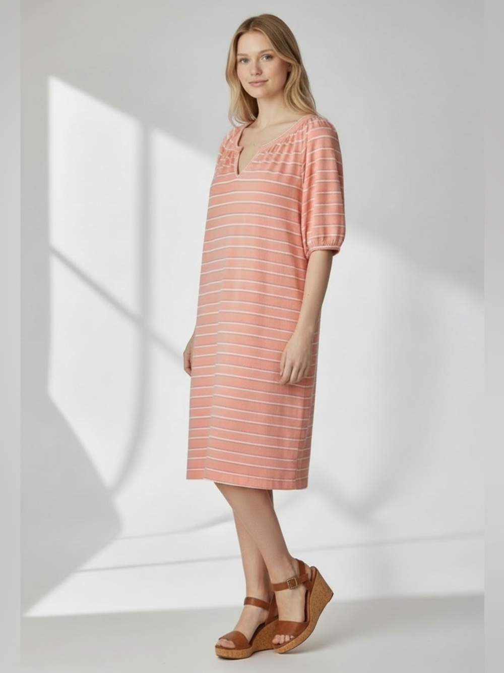 LOFT 100% Cotton Coral White Striped Knit Midi Dress